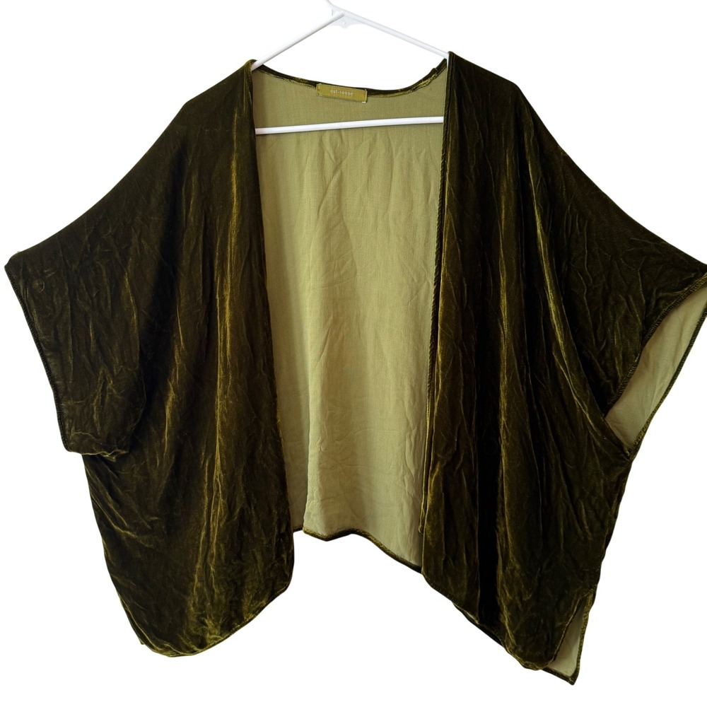 Cut Loose Women Silk Velvet Kimono One Size Olive Green Open Front Wrap Kimono